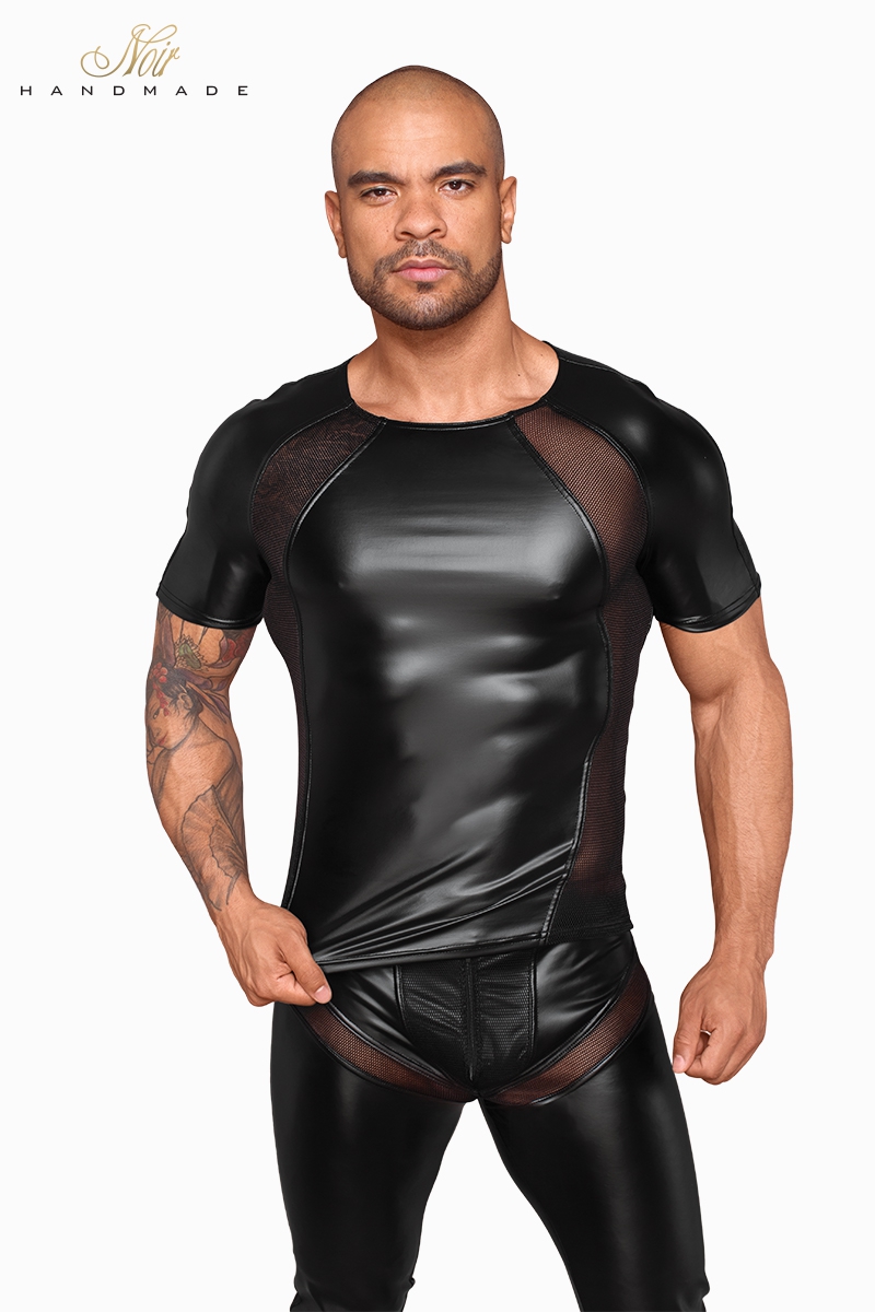 T-shirt moulant wetlook & filet transparent noir