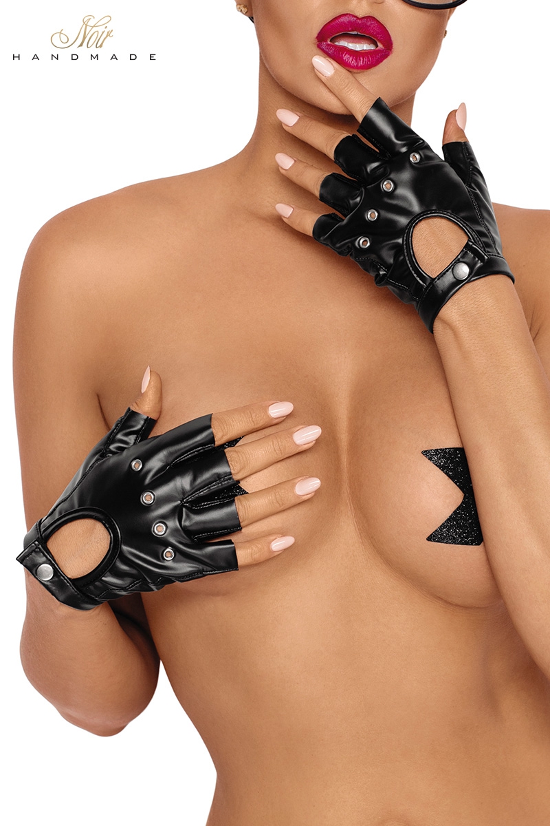 Gants mitaines wetlook noir - Rivets métalliques