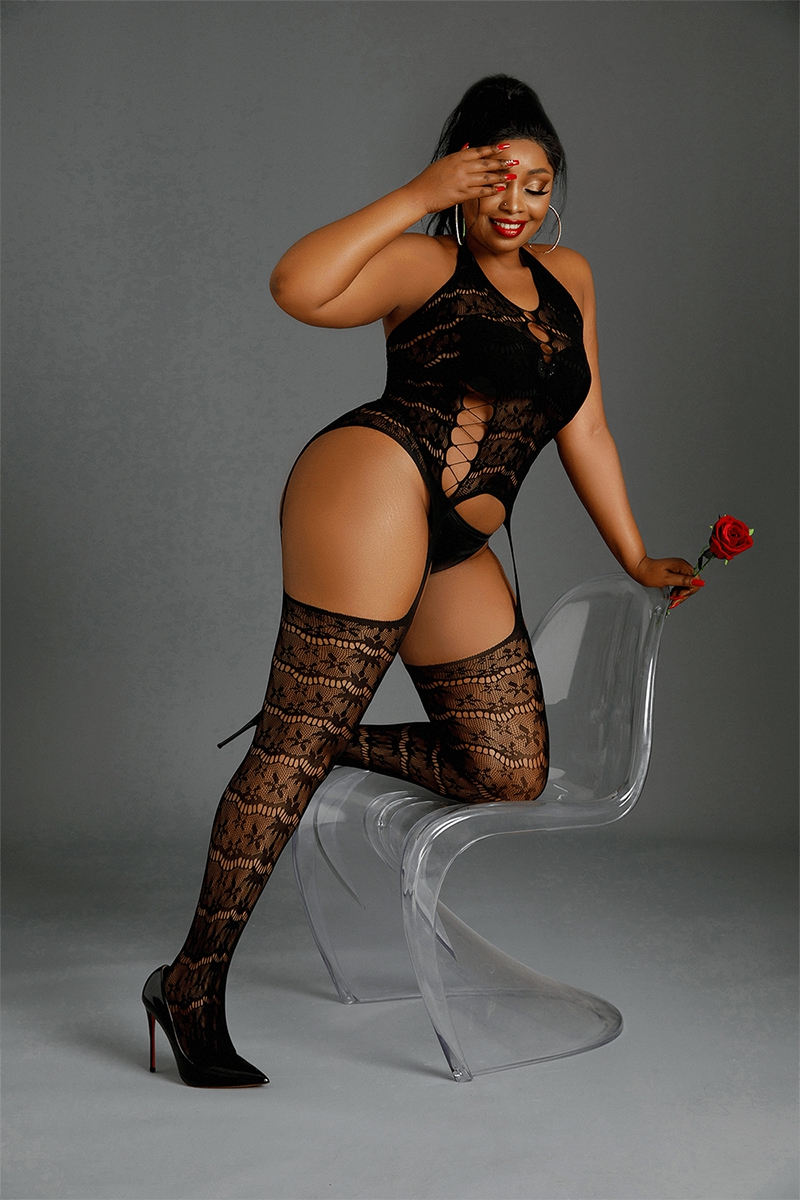 Combinaison résille noire Queen Size - Jarretelles intégrées & maillage stretch