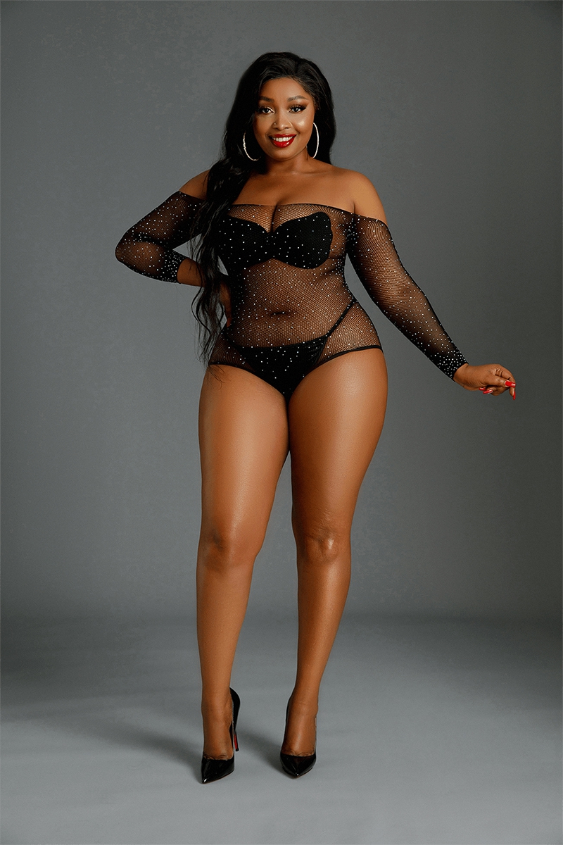 Body résille noir Queen Size - Brillance nacrée & transparence graphique