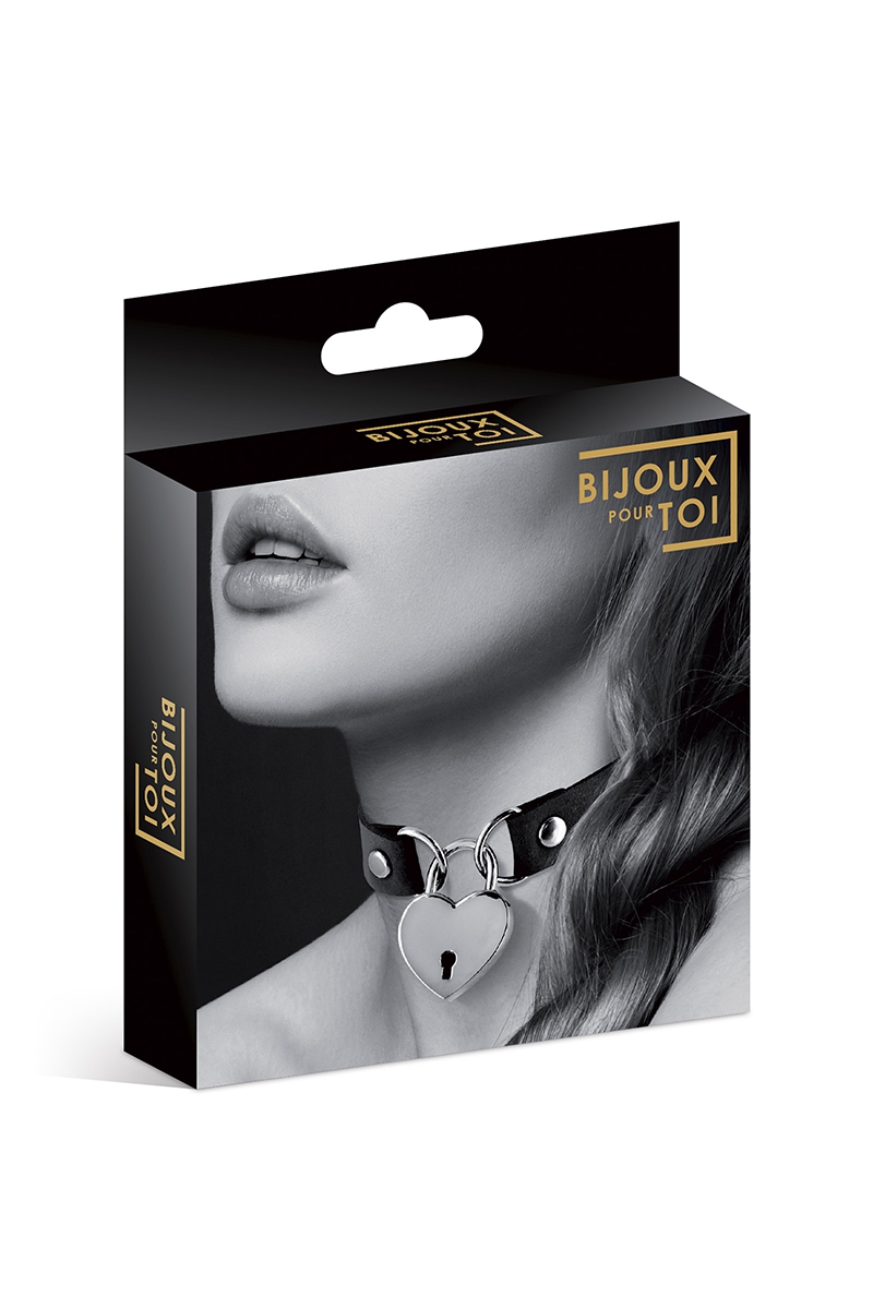 Collier ras-de-cou cadenas cœur - Simili cuir noir – Image 2