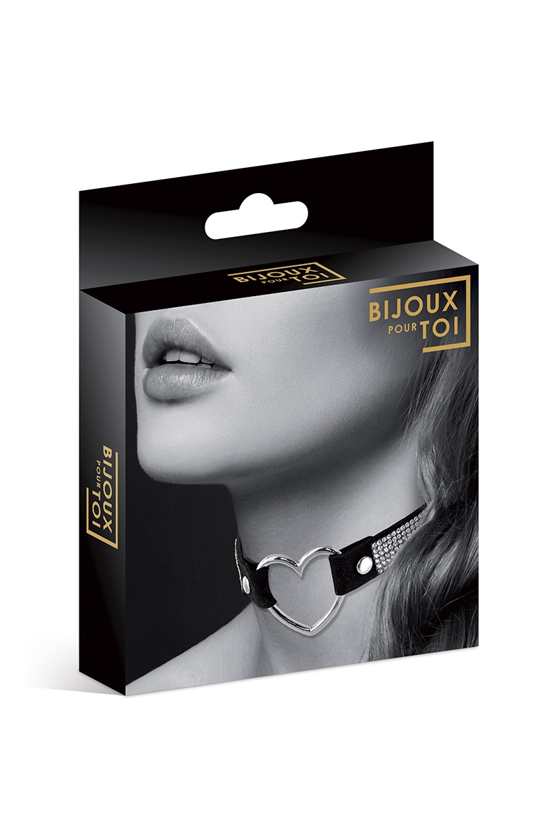 Collier ras-de-cou cœur & strass - Simili cuir noir – Image 3